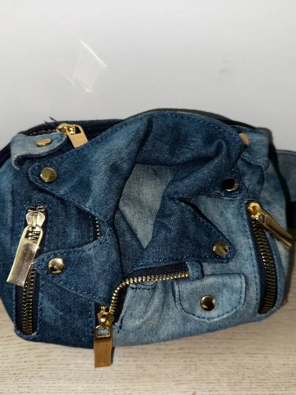 Denim Moto Jacket Style Fanny Pack Blue Jean Crossbody Adjustable